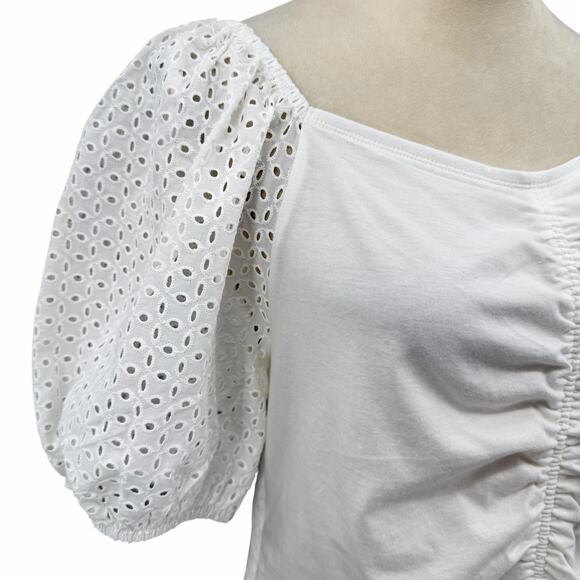 Gap NWT Sz L Crisp White Knit Eyelet Puff Sleeve Smocked Cropped Peasant Top - Picture 8 of 13